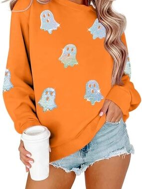 Myhalf Haloween sweatshirts for wonen. Colorful ghost sequins ( small)